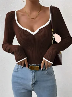 Clearance Contrast Trim Sexy Knit Top Sweater Tops|Sweaters & Cardigans