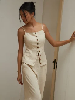 Online Cotton & Linen Button Cami Top Tank Tops & Camis|Tops
