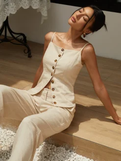 Online Cotton & Linen Button Cami Top Tank Tops & Camis|Tops