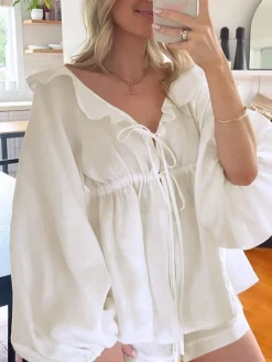 New Cotton & Linen Cowgirl Melody Two Piece Shorts Set Shorts Sets|Long Sleeve Sets