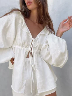 Hot Cotton & Linen Cowgirl Melody Two Piece Shorts Set Shorts Sets|Long Sleeve Sets