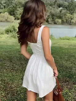Hot Cotton Blend Solid Square Neckline Short Dress Casual Dresses|Vacation Dresses