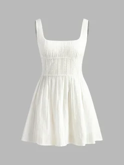 Hot Cotton Blend Solid Square Neckline Short Dress Casual Dresses|Vacation Dresses