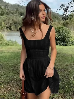 Hot Cotton Blend Solid Square Neckline Short Dress Casual Dresses|Vacation Dresses