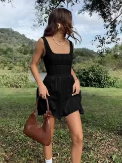 Hot Cotton Blend Solid Square Neckline Short Dress Casual Dresses|Vacation Dresses