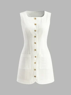 Clearance Cotton Button-Front Short Dress White Dresses|Black Dresses