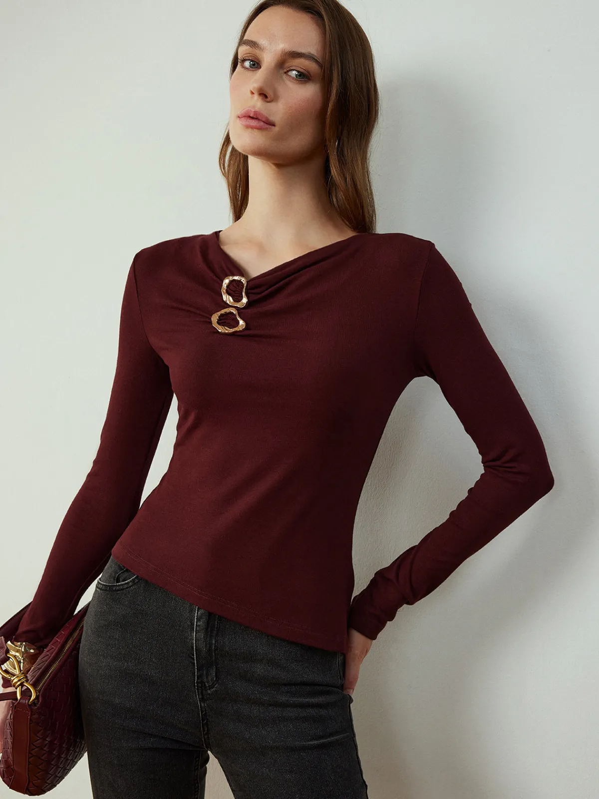 Cowl Neck Metal Decor Slim Blouse Blouses & Shirts|Tops