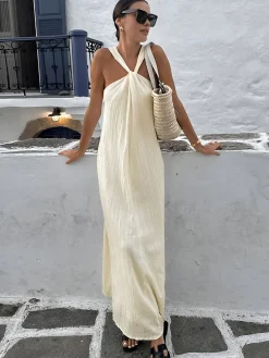New Creamy Halter Long Dress Casual Dresses|Summer Dresses