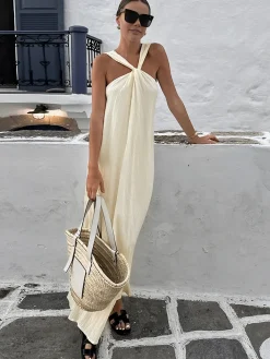 New Creamy Halter Long Dress Casual Dresses|Summer Dresses