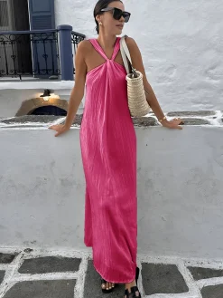 New Creamy Halter Long Dress Casual Dresses|Summer Dresses