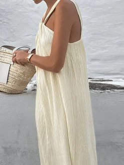 Clearance Creamy Halter Long Dress White Dresses|Casual Dresses