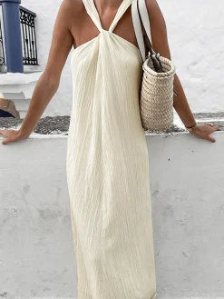 Clearance Creamy Halter Long Dress White Dresses|Casual Dresses