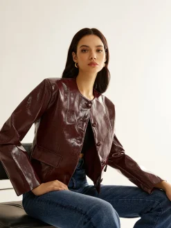 Hot Crew Neck PU Leather Short Blazer Outerwear|Blazers