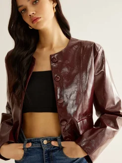 Hot Crew Neck PU Leather Short Blazer Outerwear|Blazers