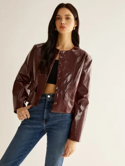 Hot Crew Neck PU Leather Short Blazer Outerwear|Blazers
