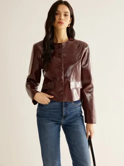 Online Crew Neck PU Leather Short Blazer Outerwear|Blazers
