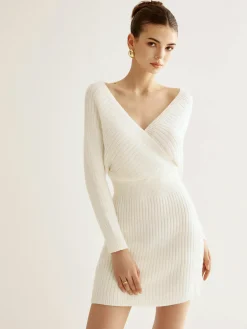 Online Criss Cross Cinched Sweater Dress White Dresses|Black Dresses