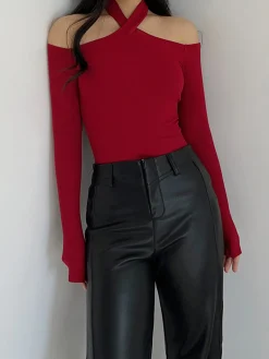 Sale Criss Cross Cold-Shoulder Ribbed Top T-shirts|Tops