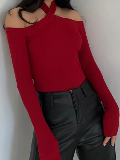 New Criss Cross Cold-Shoulder Ribbed Top T-shirts|Tops