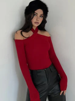 New Criss Cross Cold-Shoulder Ribbed Top T-shirts|Tops