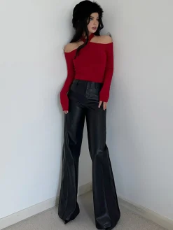 New Criss Cross Cold-Shoulder Ribbed Top T-shirts|Tops