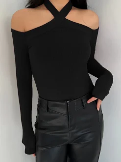 New Criss Cross Cold-Shoulder Ribbed Top T-shirts|Tops