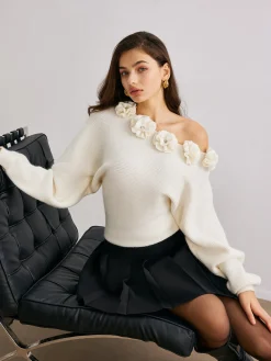 Discount 3D Flower Cold-Shoulder Sweater Sweater Tops|Sweaters & Cardigans