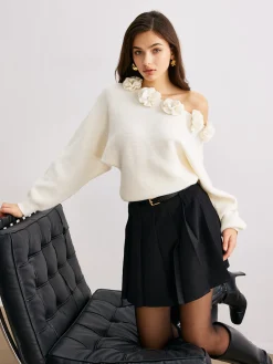 Discount 3D Flower Cold-Shoulder Sweater Sweater Tops|Sweaters & Cardigans