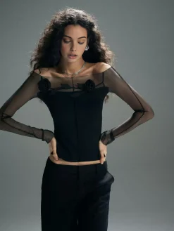 Online 3D Flower Off-Shoulder Mesh Panel Top Blouses & Shirts|Tops