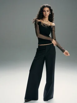 Online 3D Flower Off-Shoulder Mesh Panel Top Blouses & Shirts|Tops