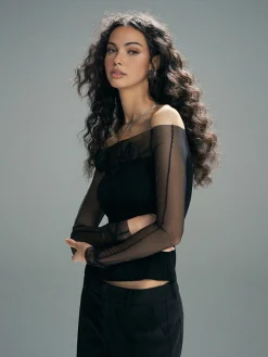 Hot 3D Flower Off-Shoulder Mesh Panel Top Blouses & Shirts|Tops