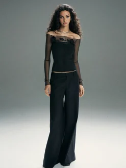 Hot 3D Flower Off-Shoulder Mesh Panel Top Blouses & Shirts|Tops
