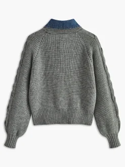 Online Denim Panel Ribbed Lapel Sweater Sweater Tops|Sweaters & Cardigans