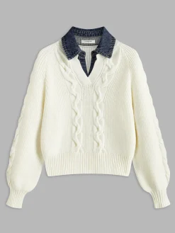 Online Denim Panel Ribbed Lapel Sweater Sweater Tops|Sweaters & Cardigans