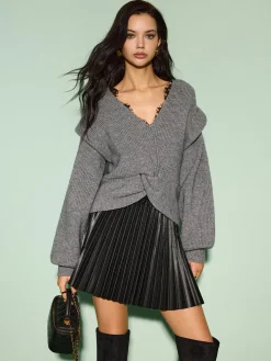 Clearance Elastic Waist Faux Leather Pleated Skirt Bottoms