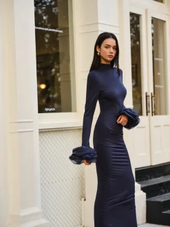 Discount Elegant Ruffle Split Jersey Long Dress Cocktail & Party Dresses|Long Dresses