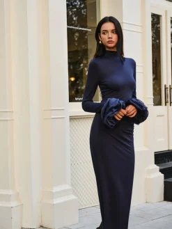 Discount Elegant Ruffle Split Jersey Long Dress Cocktail & Party Dresses|Long Dresses