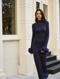 Discount Elegant Ruffle Split Jersey Long Dress Cocktail & Party Dresses|Long Dresses