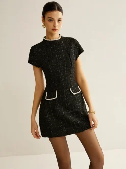 Discount Elegant Short Sleeve Tweed Dress Black Dresses|Casual Dresses