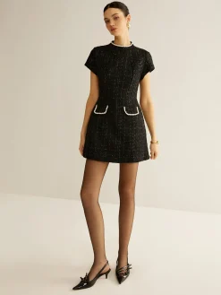 Discount Elegant Short Sleeve Tweed Dress Black Dresses|Casual Dresses