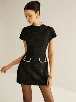 Discount Elegant Short Sleeve Tweed Dress Casual Dresses|Work Dresses