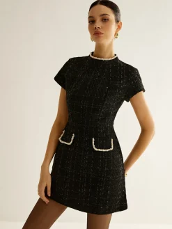 Discount Elegant Short Sleeve Tweed Dress Casual Dresses|Work Dresses