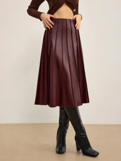 Online Faux Leather Pleated Midi Skirt Skirts|Bottoms