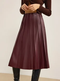 Online Faux Leather Pleated Midi Skirt Skirts|Bottoms