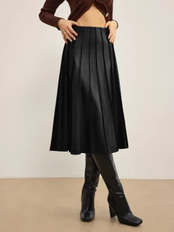Online Faux Leather Pleated Midi Skirt Skirts|Bottoms