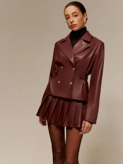 Outlet Faux Leather Pleated Skirt Set Skirt Sets|Long Sleeve Sets