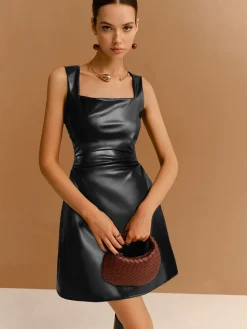 Sale Faux Leather Zipper Strappy Dress Casual Dresses|Work Dresses