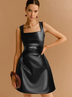 Sale Faux Leather Zipper Strappy Dress Casual Dresses|Work Dresses