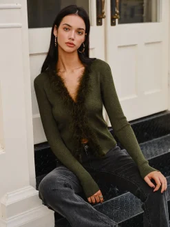 Feather Trim Wool-Blend Slim Sweater Sweater Tops|Sweaters & Cardigans