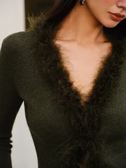 Feather Trim Wool-Blend Slim Sweater Sweater Tops|Sweaters & Cardigans
